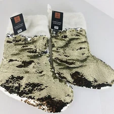 (2) Shiny Gold Sequin Fabric Glam Christmas Stocking Bed Bath And Beyond ￼NEW