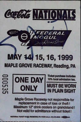 Maple Grove Raceway Coca Cola One-Day Drag Racing Ticket Stub Reading 5/15/1999