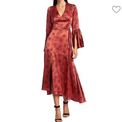 Cinq à Sept Sz 8 Satin Floral Midi Dress Bell Sleeve V-Neck Evening Silk Rust