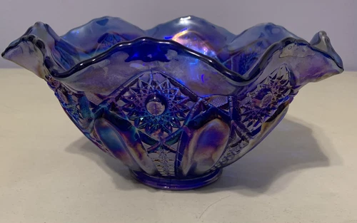 Vintage Blue Carnival Glass Ruffle Edged Bowl