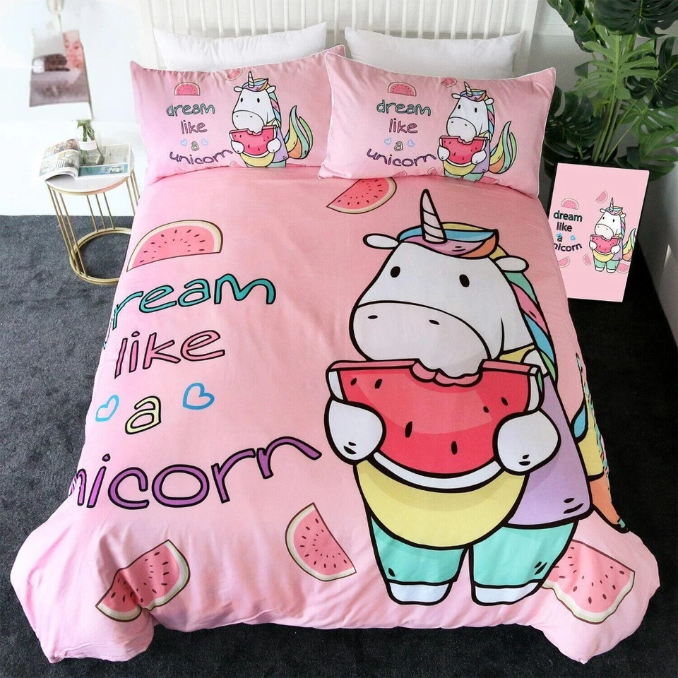 Juego de funda nórdica de sandía unicornio rosa 3 piezas suave para edredón ropa de cama reina Foto 2 de 4