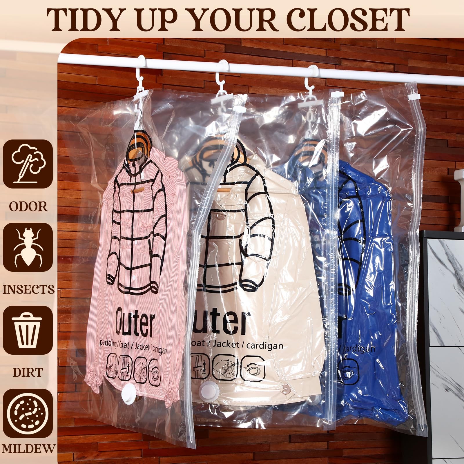 8 Pcs Reusable Hanging Vacuum Storage Bags for Clothes Hanging Compressible S...
