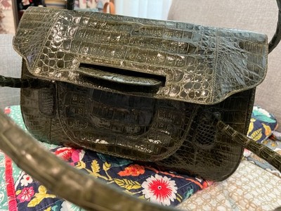 NANCY GONZALEZ Dark Olive Green Genuine Crocodile Leather High EndTop Handle Bag