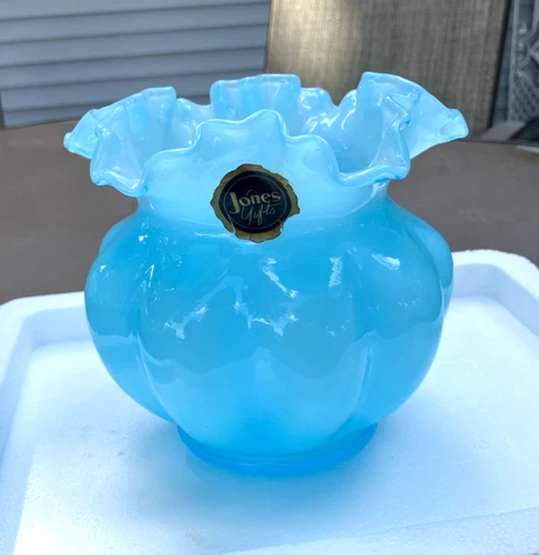 Vintage Fenton Vase Blue Overlay Rose Bowl Ribbed Melon Ruffled Edge*Paper Label