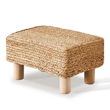 Foot Stool Ottoman Rectangular Pouf Seagrass Wooden Legs Living Room Bedroom ...