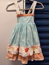Jelly The Pug Blue Orange Trees Flowers Dots Layered Ruffled Twirly Dress- 4 Yrs