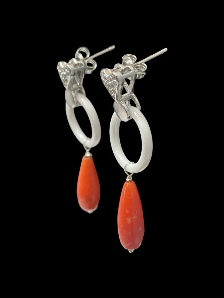 Orecchini artigianali in argento con Corallo onice zirconi - Immagine 2 di 4