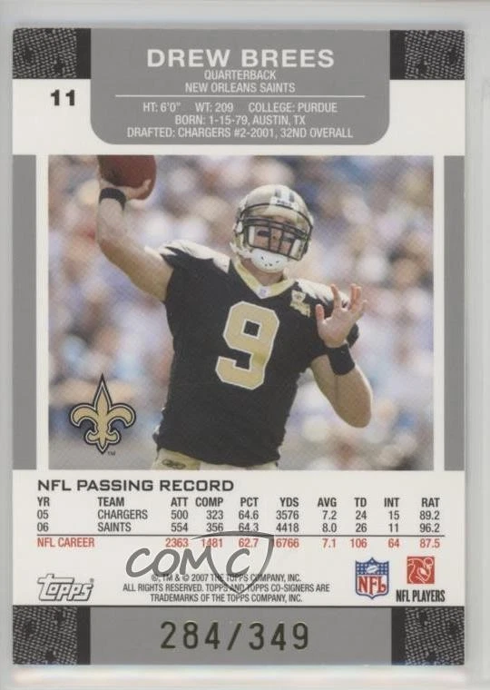 2007 Topps Co-Signers Blue Changing Faces Gold /349 Drew Brees Reggie Bush #11 - Image 2 of 2