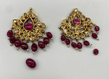 21K Gold Polki Diamond Ruby Chandbali Earrings / Jaipur Kundan Meenakari Beaded