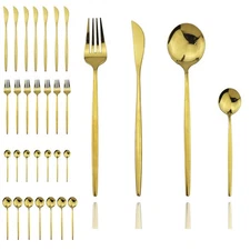 32 Pieces Stainless Steel Home Kitchen Cutlery Set Gold Flatware Set Mirror P...