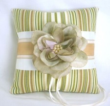 SAGE GREEN Floral and Striped Cotton, 8 inch Ring Bearer Pillow, Handmade