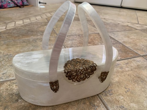 Vintage Wilardy White Pearl lucite Antique Gold purse 1950s Retro Mirror