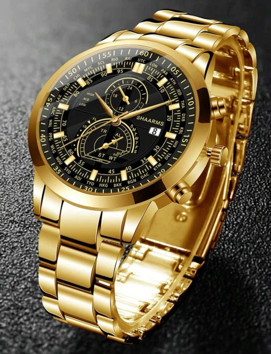 Mens gold watch and bracelet set sale