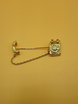 vintage Avon Gold Tone Telephone Stick Pin w Hand Receiver on Chain good shape