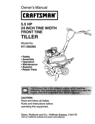 Owners Manual Sears Craftsman 5.5 HP 24” Front Tine Tiller Model 917. ...