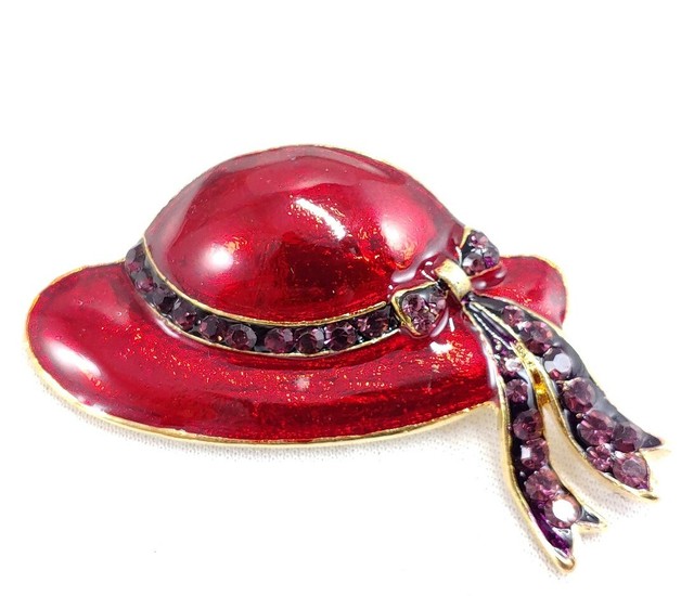 (W) 2 1/4" RED HAT SOCIETY Women Woman Enamel Rhinestone Brooch Pin 12