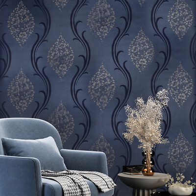 Navy dark blue metallic beige floral damask wave lines Victorian wallpaper roll