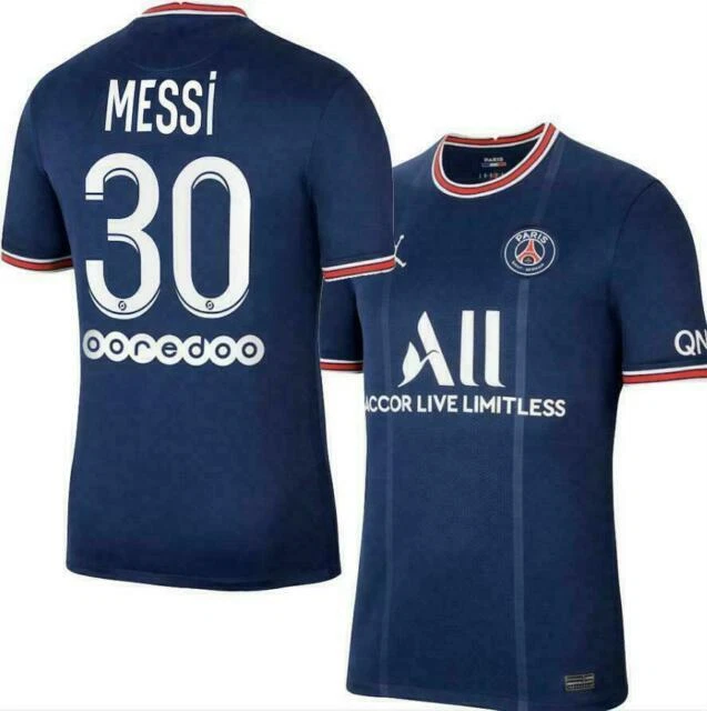Nike Paris Saint-Germain x Jordan Maillot Stadium Domicile 21/22 pour Homme, Messi #30 - Bleu Marine Nuit/Rouge Université/Blanc, Taille L