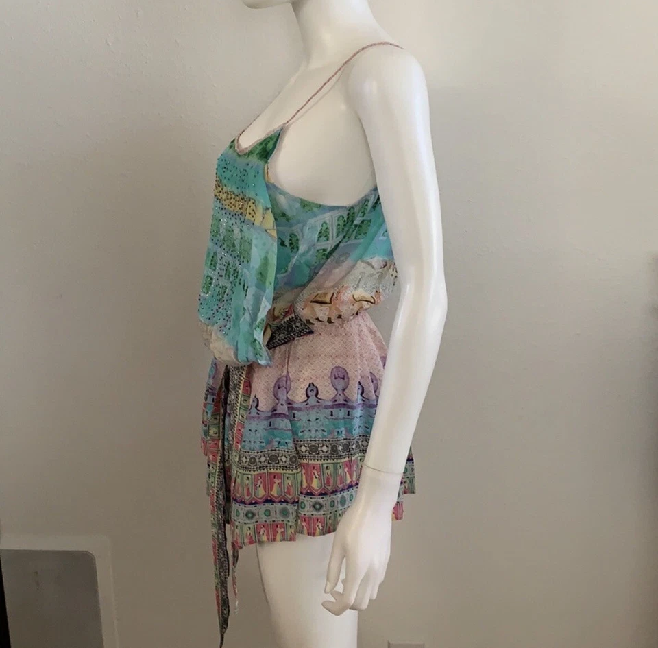 CAMILLA Seda Calzado Envoltura Mono Mameluco Faja Corbata Talla 1 S Azul Verde Rosa Foto 3 de 4