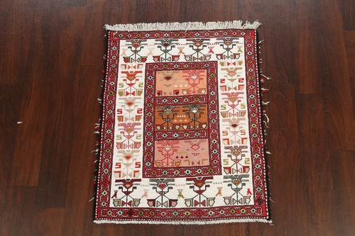 100% Silk IVORY Kilim-Sumak Tribal Area Rug Flat-Weave Geometric Oriental 3'x4' - Picture 2 of 12