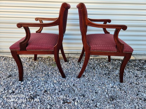 St. Timothy Chair Burgundy Fabric Library Office Arm Chairs, Pair, Maple, Nice - Picture 4 of 24