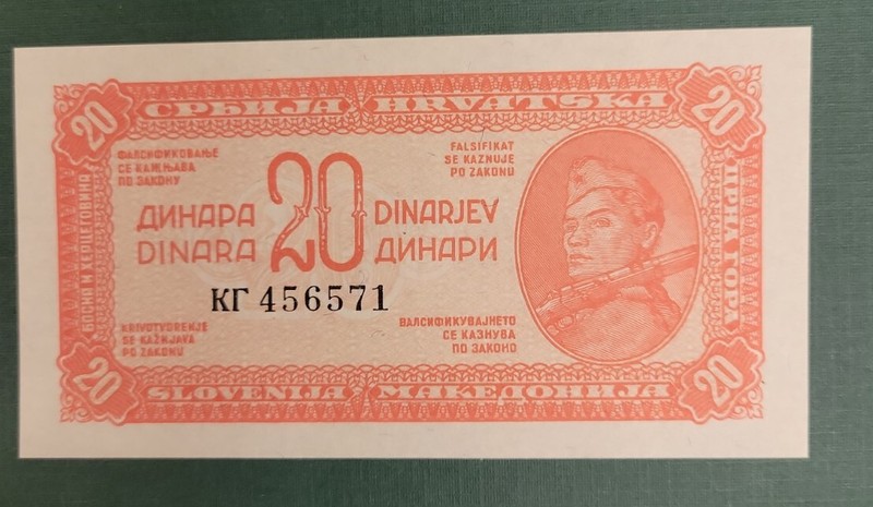 1944 Yugoslavia 20 Dinara - Pick# 51c  - Crisp UNC
