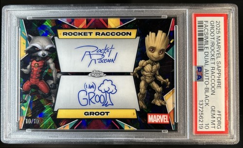 2025 Topps Chrome Marvel Sapphire Rocket Raccoon Groot Auto Black #/10 PSA 10