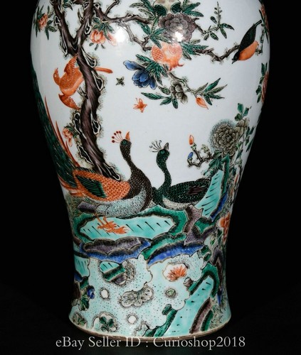 13.2" Qing Kangxi Marked Wucai Porcelain Flower Bird Pattern Prunus Vase Bottle - Picture 3 of 9