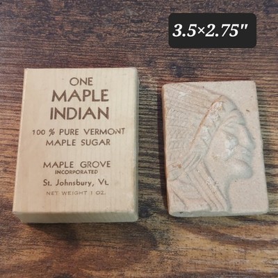 Vintage Maple Grove Vermont One Maple Indian Pure Maple Sugar Block with Box