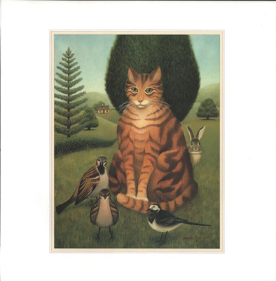 1991 CAT BIRDS RABBIT vintage feline 11''x 11'' lithographed art print DEROLD PAGE