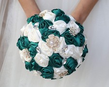 Emerald Green Ivory Bridal Wedding Bouquet with Gold Brooch Bling Rhinestone ...