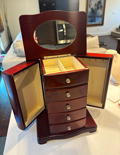 Wood Brown Jewelry Box w/ Mirror, Lined Drawers & Side Doors