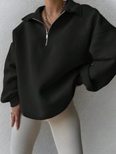 Women Plain Front Zipper Long Sleeve Simple Hoodie sweatshirt solid zip top full