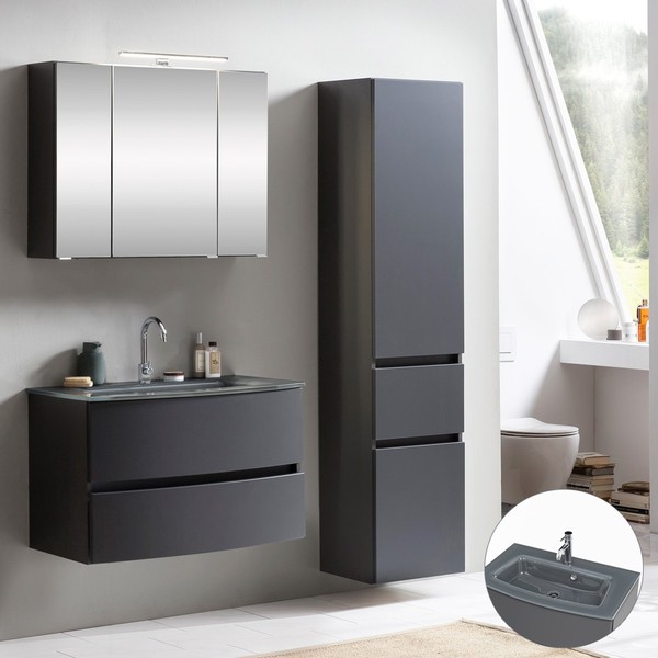 BadezimmermöBel Waschtisch Set Matt Grau Spiegelschrank Seitenschrank GäSte-Wc-image