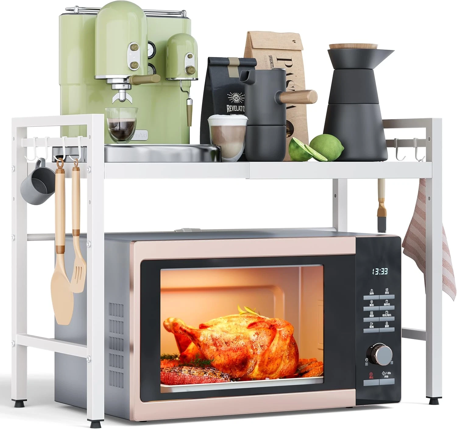 Expandable Microwave Stand, 2 Tier Metal Kitchen Countertop Organizer Shelves