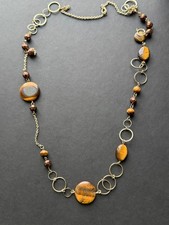 Tiger Eye Beaded Station Necklace with gold-tone link chains 35 Inches