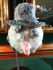 GLITTERED SNOWMAN HEAD ORNAMENT, BUTTON EYES & MOUTH, HAT, CARROT NOSE, 4" TALL