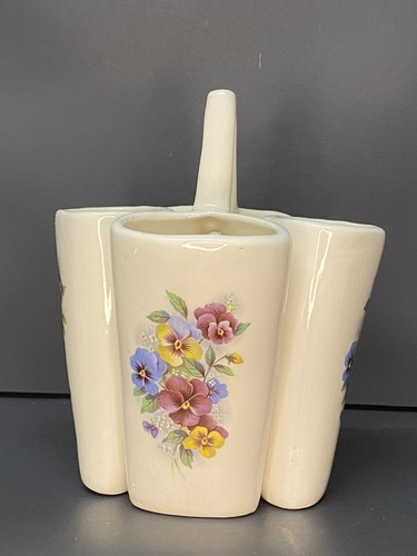 Vaso porta utensili ceramica 4 scomparti pansies multicolore floreale bianco - Foto 7 di 10