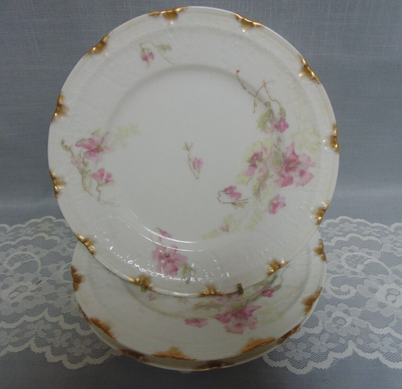 3 Haviland Limoges Lunch Plates Schleiger 54 Embossed Bellflowers Pink Gold 8.5"