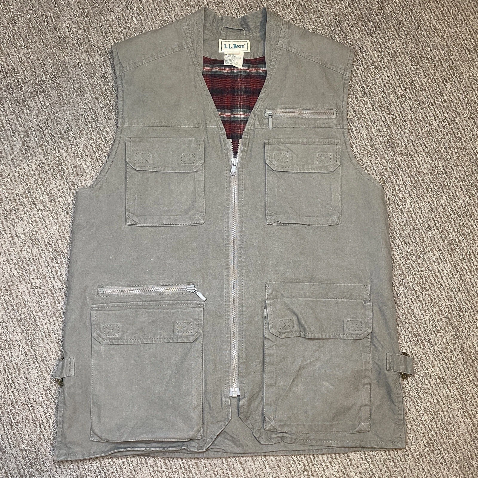 VTG LL Bean Womens M Flannel Lined Fishing Vest Safari Photograph Full Zip