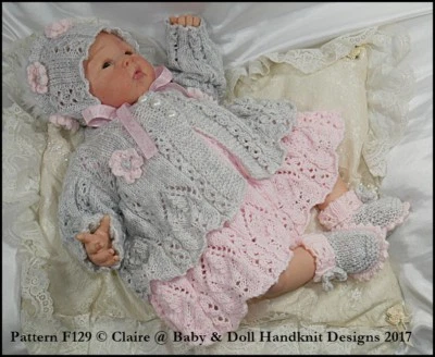 BABYDOLL HANDKNIT DESIGNS KNITTING PATTERN F129 LACY SET 16-22" DOLL 0-3M BABY