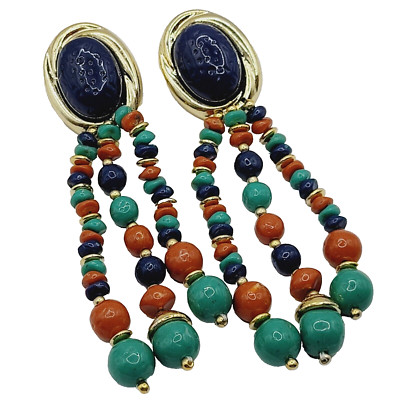 Pakula Statement Beaded Chunky Lucite Long Drop Dangle Vintage Clip On Earrings
