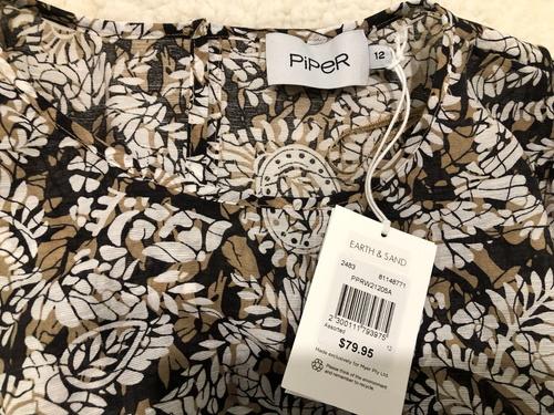 Piper Size 12 Black Brown White Long Sleeve Cool Tunic Top BNWT Linen Blend - Picture 2 of 7