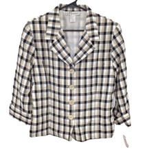 Dressbarn Blazer Jacket Size M Button Up 3/4 Sleeve Plaid Lined NEW
