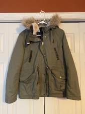 H  M Green Lined Winter Hooded Zipper Jacket Size 10