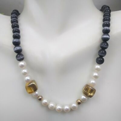 HIGH END *RARE* AMAZING GORGEOUS 16'' BLUE TIGER'S EYE GENUINE PEARL NECKLACE
