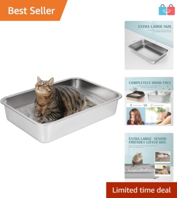 Eco-Friendly Large Stainless Steel Litter Box for Cats & Rabbits - 4'' Depth