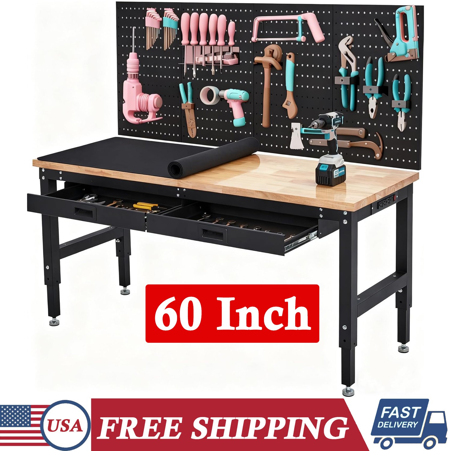 60 Inch Heavy-Duty Adjustable Workbench with Pegboard & Power Outlets Work Table