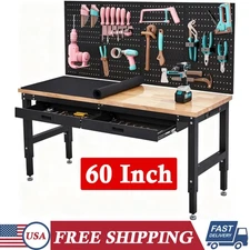 60 Inch Heavy-Duty Adjustable Workbench with Pegboard & Power Outlets Work Table