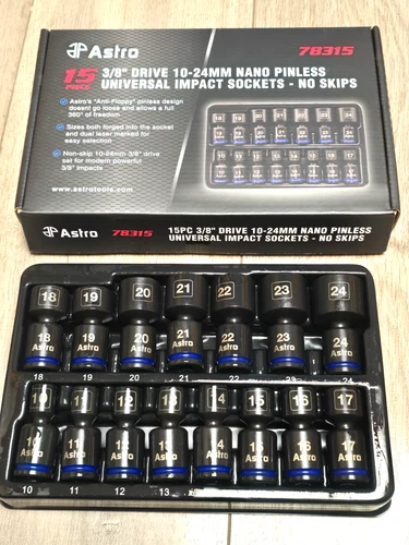 Astro Pneumatic Tools 78315, 3/8" dr Pinless Universal Impact Socket Set 10-24mm